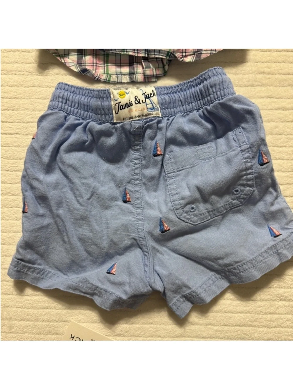 Janie and Jack Green Corduroy Pants with Blue Shorts and Plaid Shirt